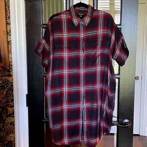 Madewell Flannel Button Up Shirt Dress with Pockets on both Sides - Red - XL